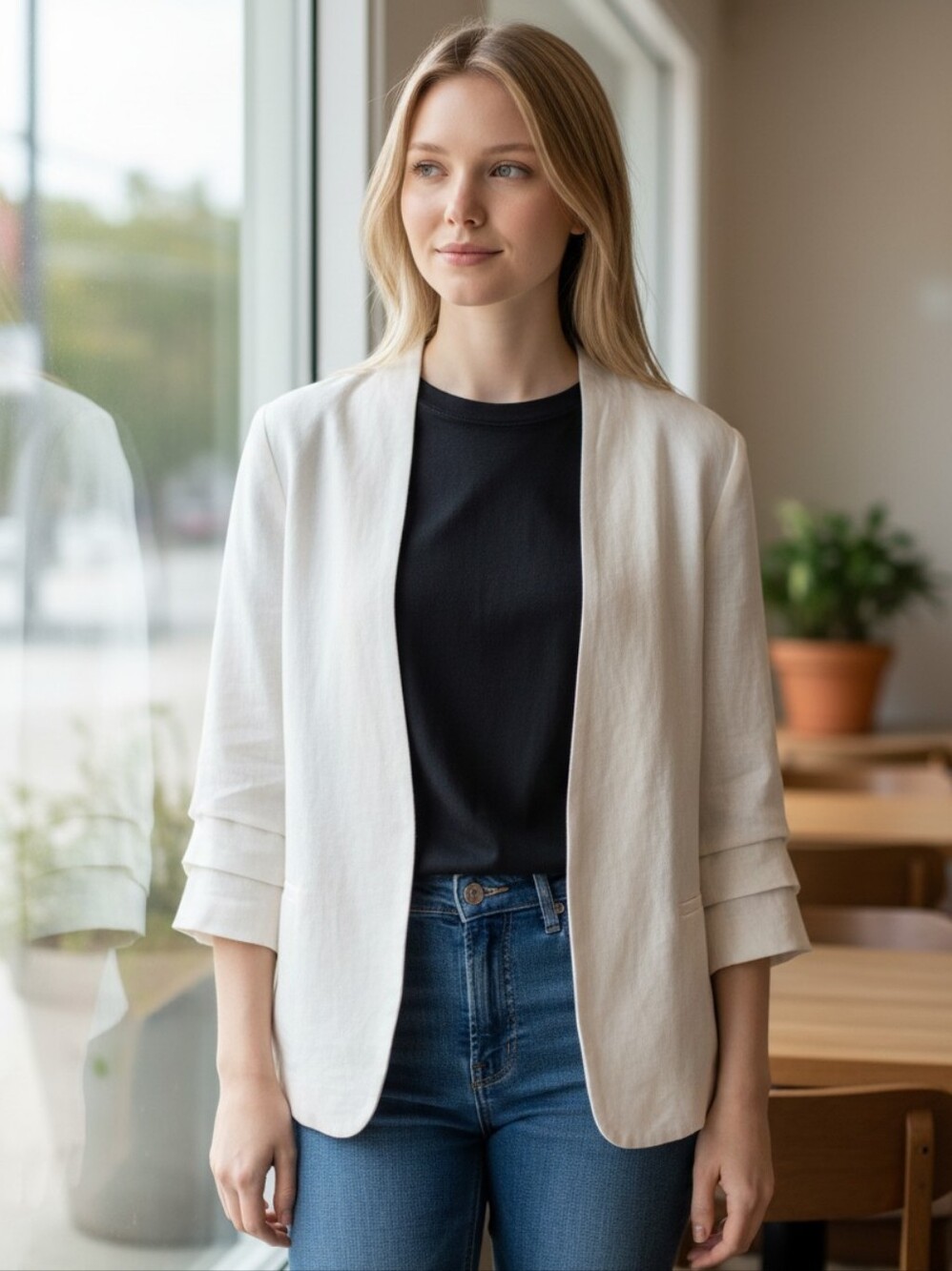 Babaton Linen Blended Cream Open-Front Women's Blazer Jacket